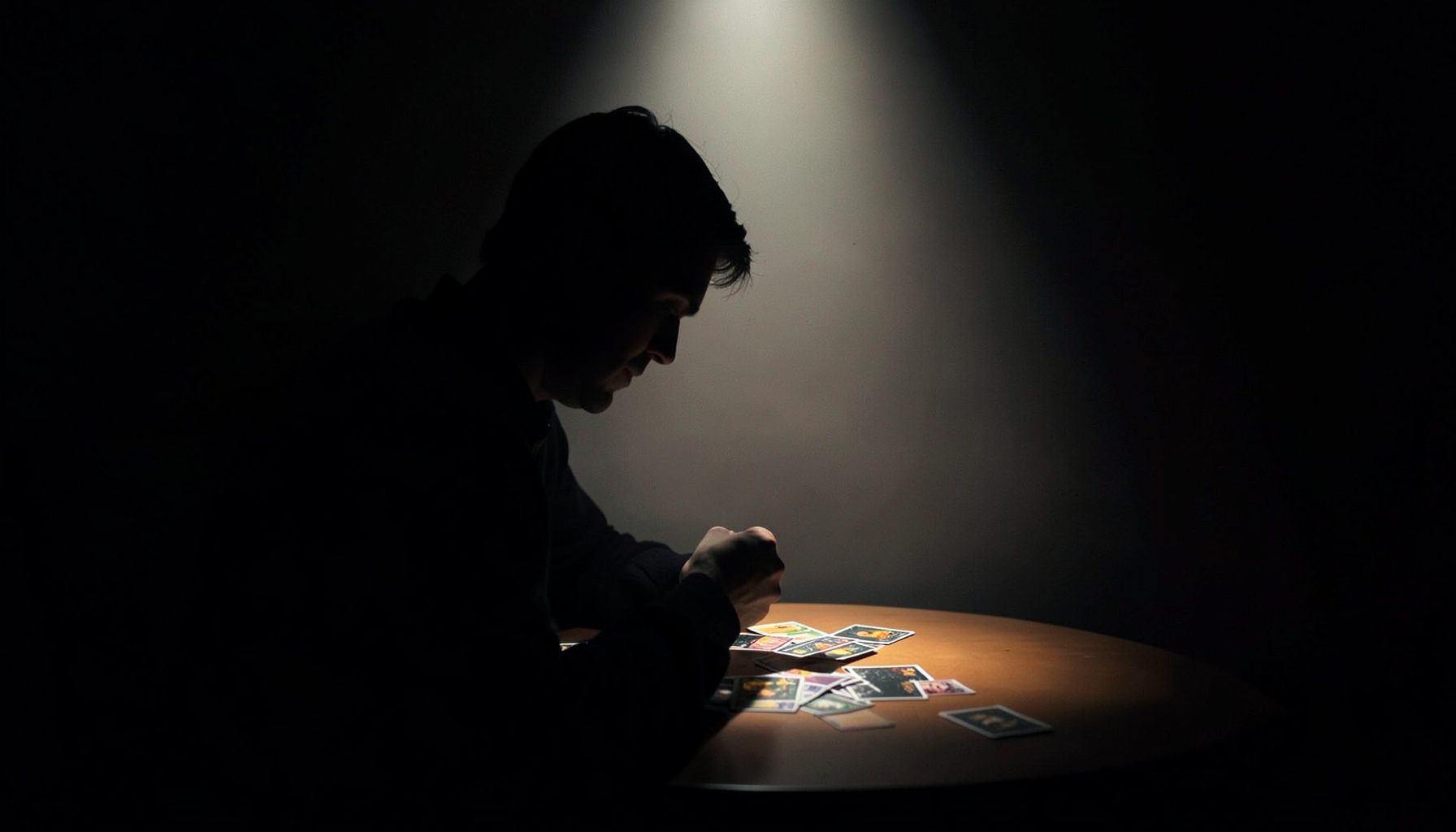 A player's silhouette contemplating cards under a single spotlight, strategic and thoughtful mood