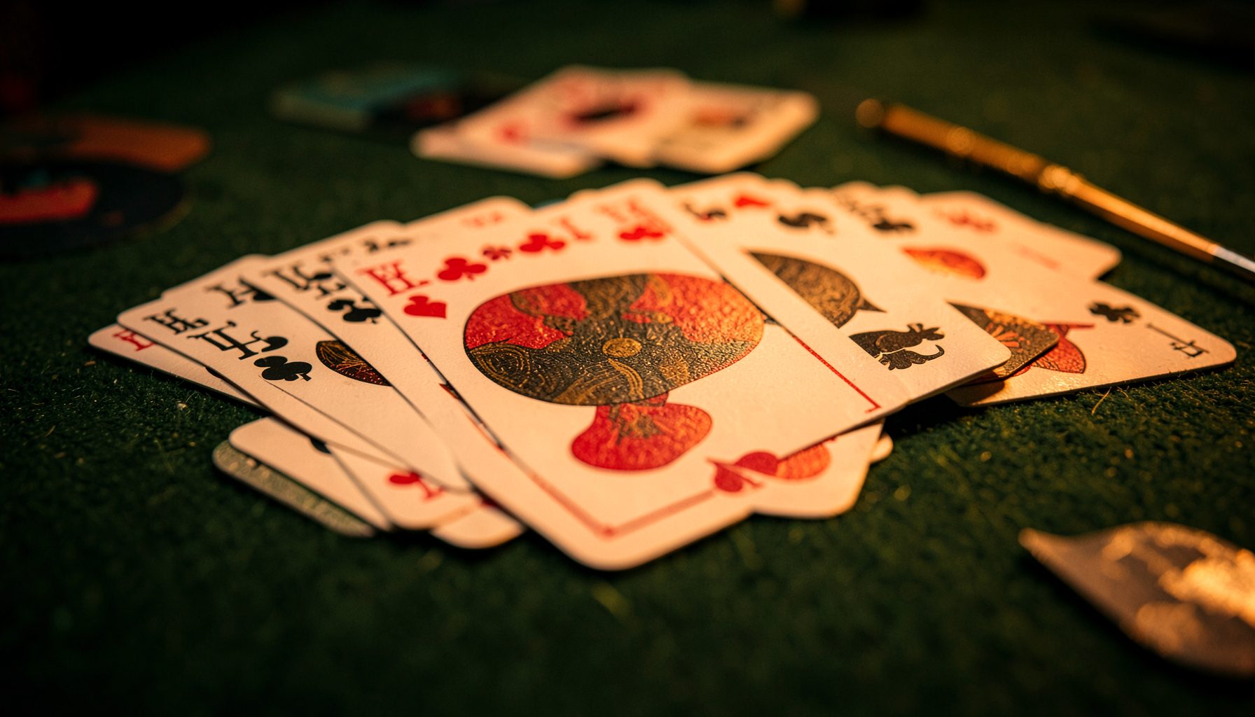 Playing cards fanned across a dark green felt table under warm amber lighting