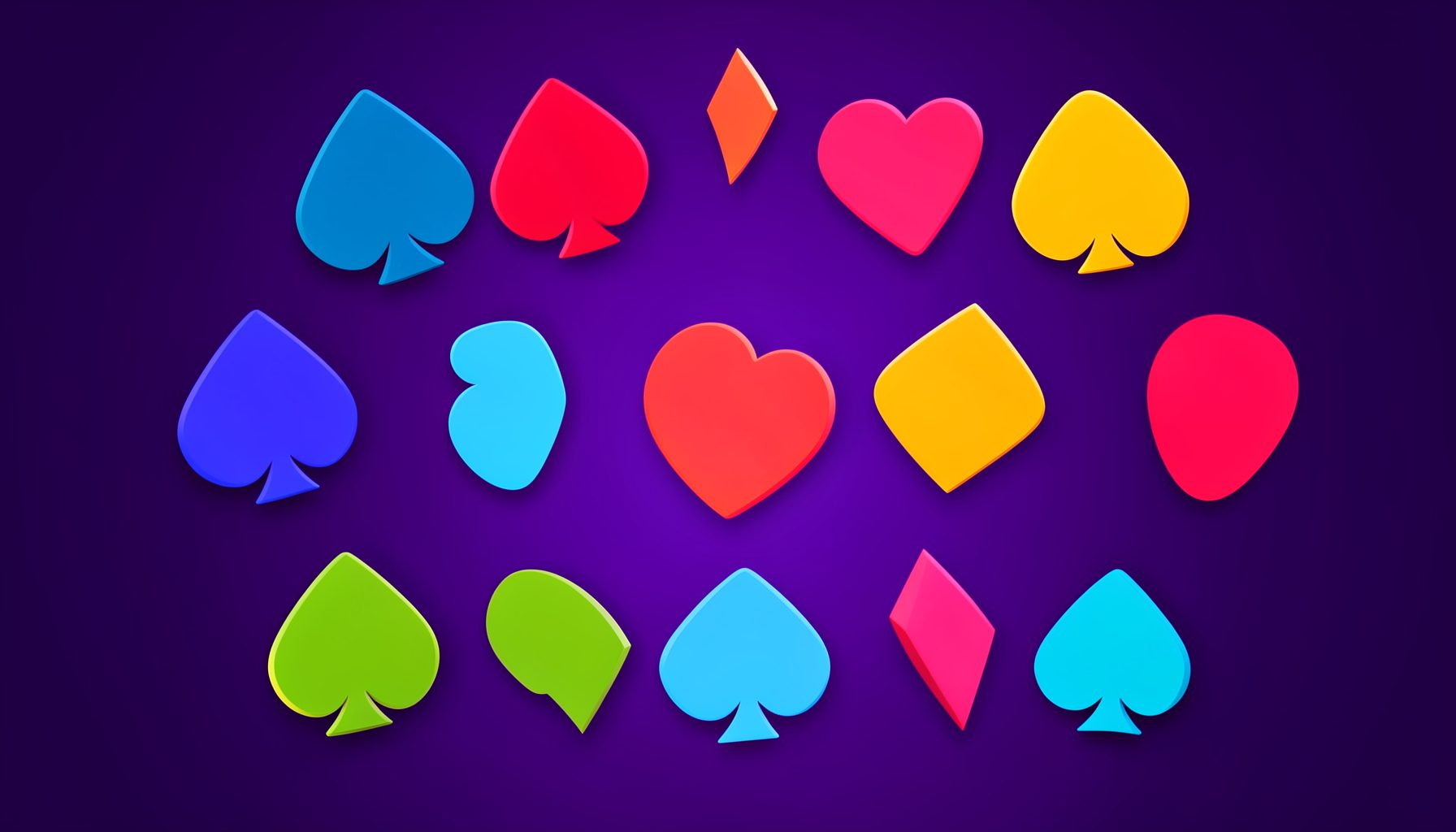 Colorful abstract arrangement of spades, hearts, diamonds, and clubs on a deep purple gradient backdrop