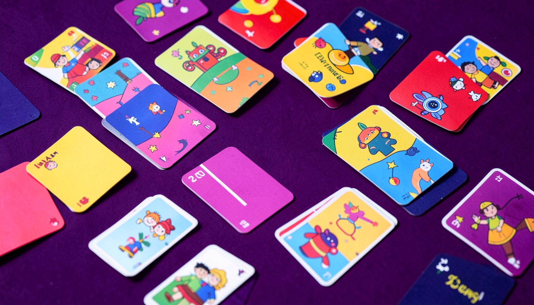 Colorful card backs scattered across a dark violet surface, playful and energetic mood