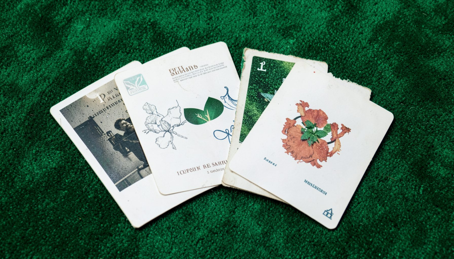 Four cards spread in a fan on emerald green felt, expansive and generous mood