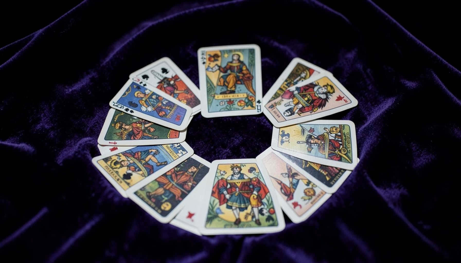 Six playing cards arranged in a circle on indigo velvet, mysterious and competitive mood