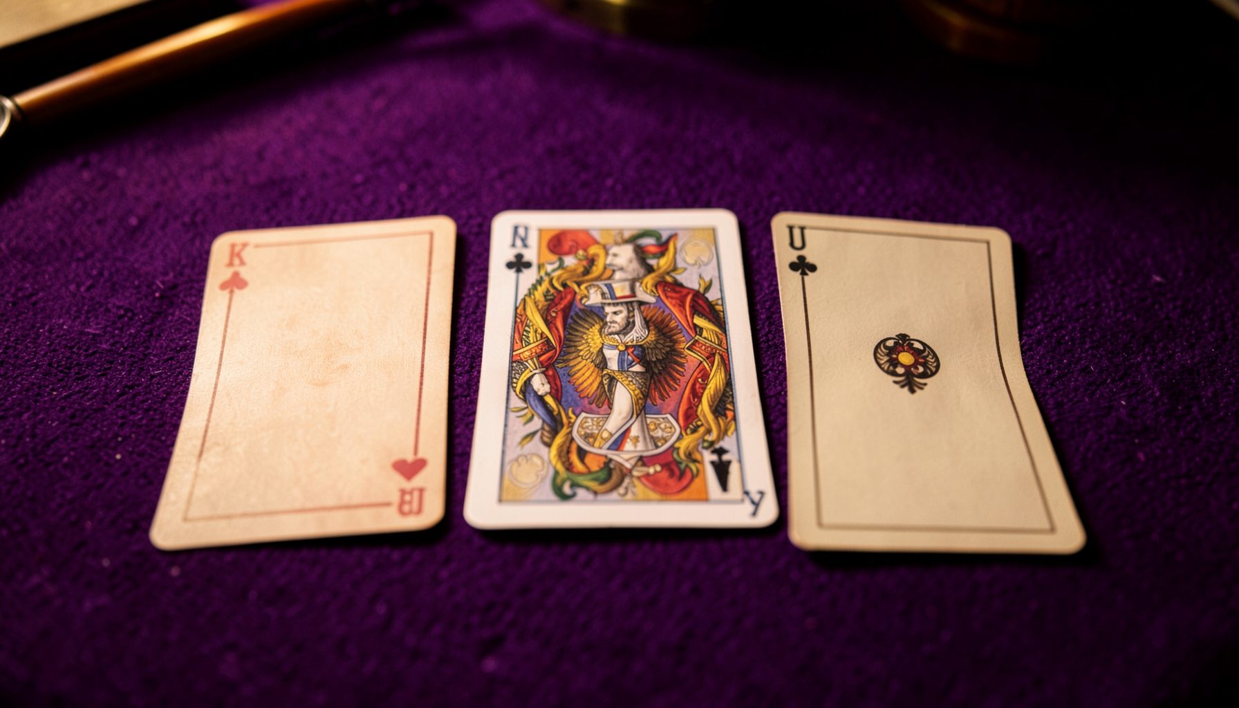 Three playing cards face-down on a deep purple felt table, warm ambient light casting soft shadows, rich gaming mood