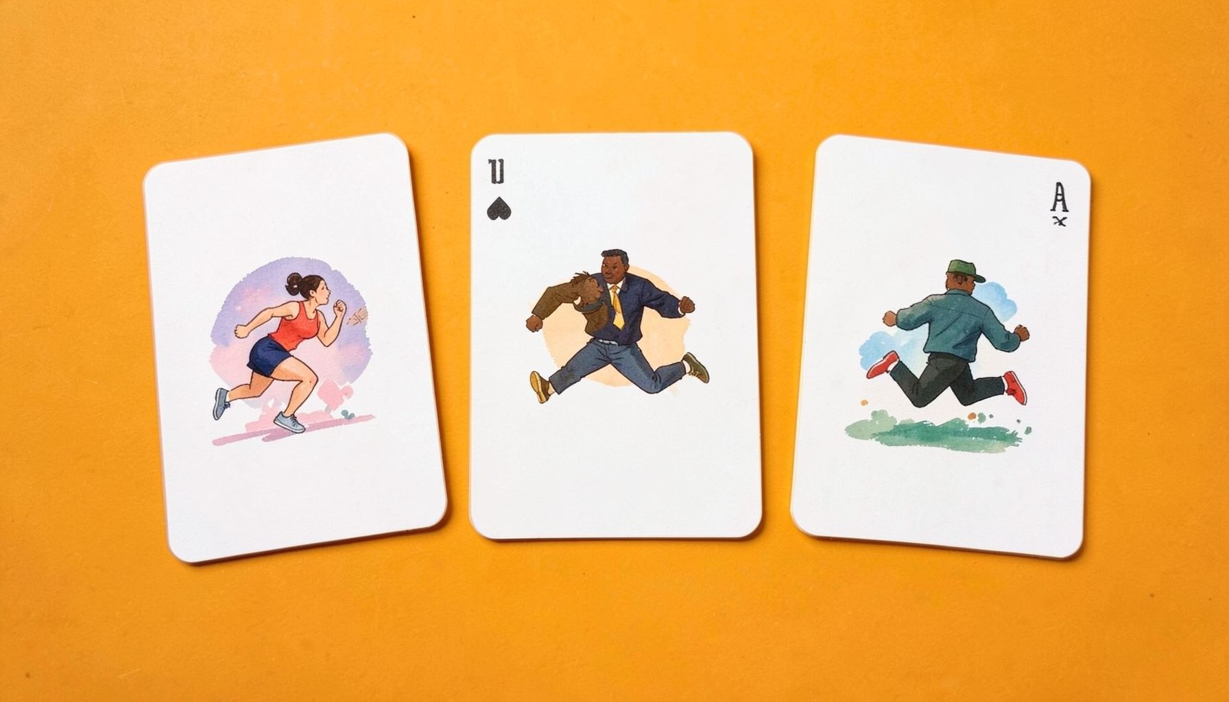 Three playing cards spread on a warm amber backdrop with a friendly and approachable mood